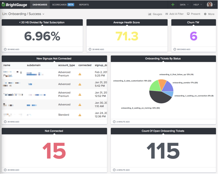 BrightGauge onboarding success dashboard