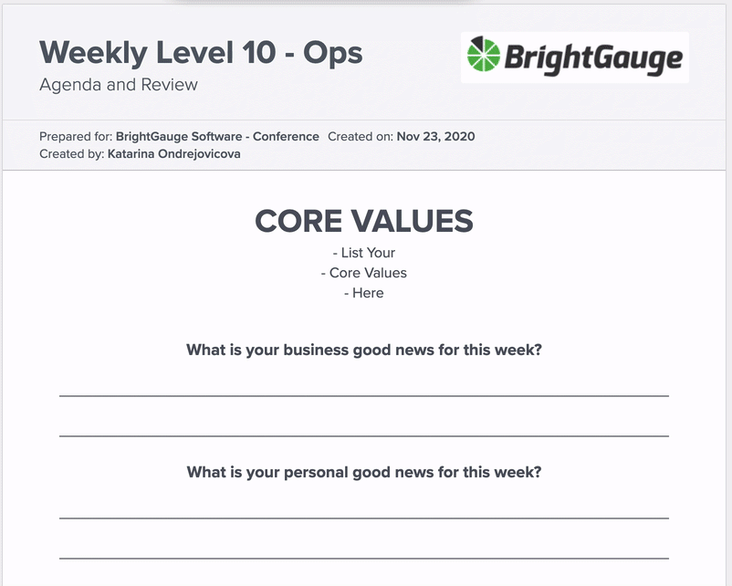 Sample Goals and EOS Tracking Weekly Report in BrightGauge